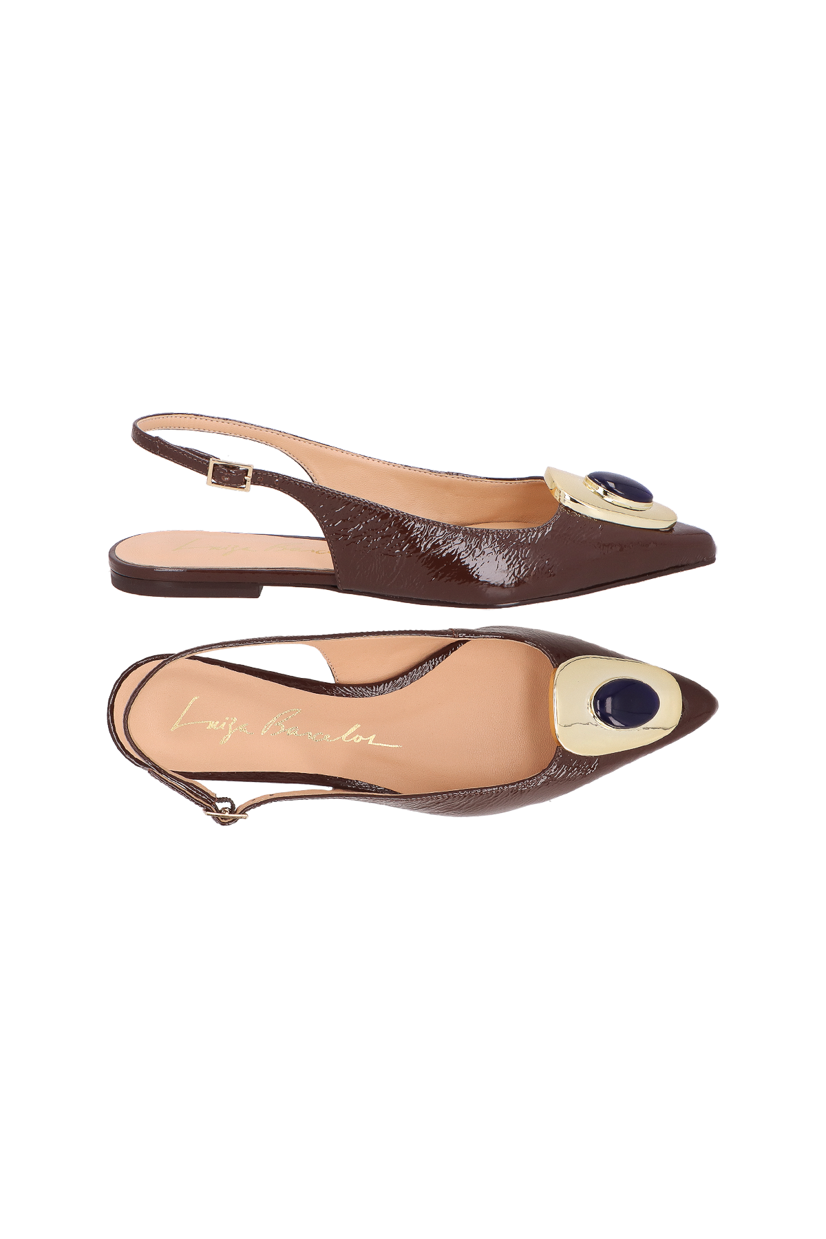 SAPATILHA SLINGBACK EM VERNIZ CAFÉ COM PEDRA E FIVELA DOURADA