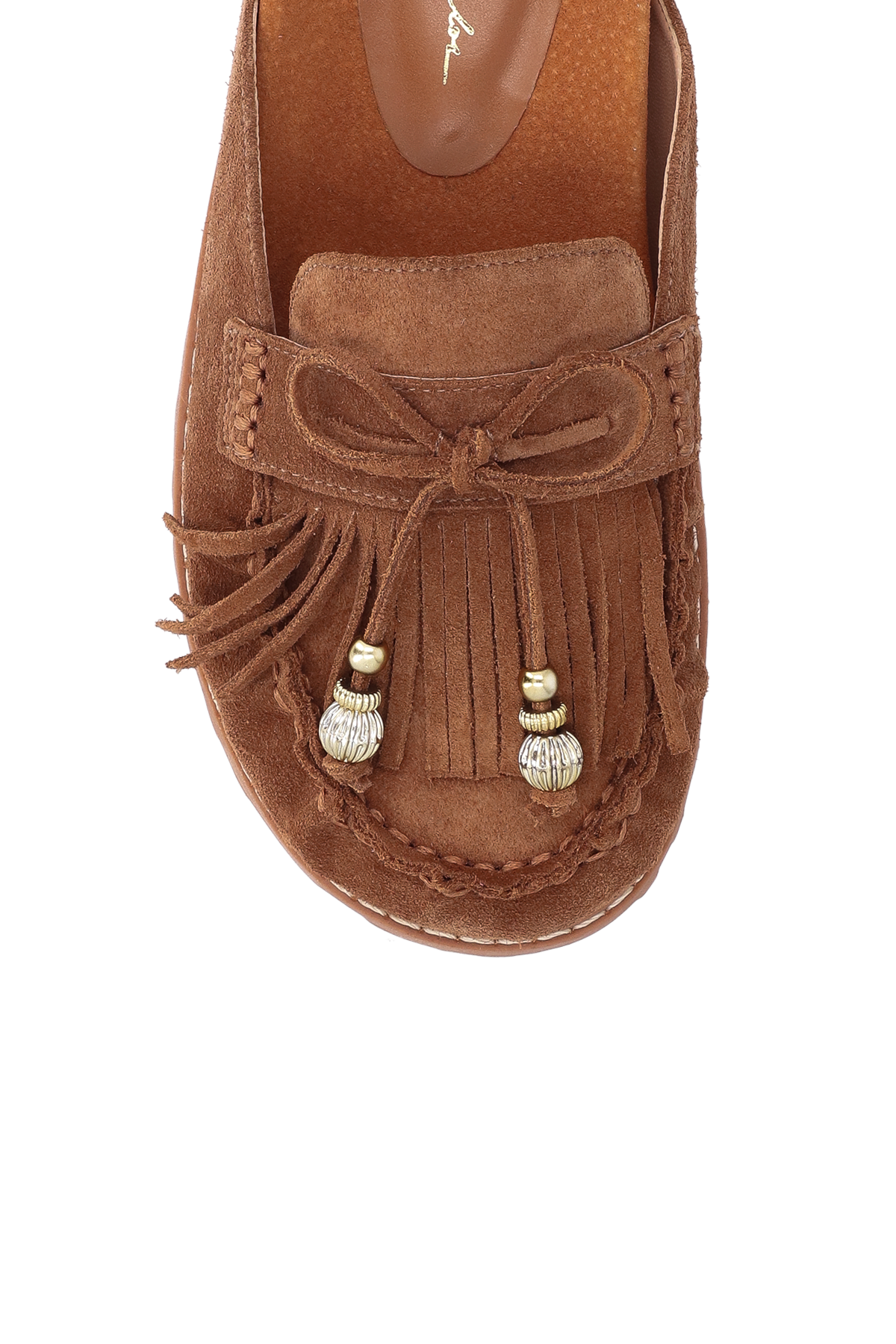 MULE MOCASSIM EM CAMURÇA CARAMELO COM FRANJAS E METAL DOURADO