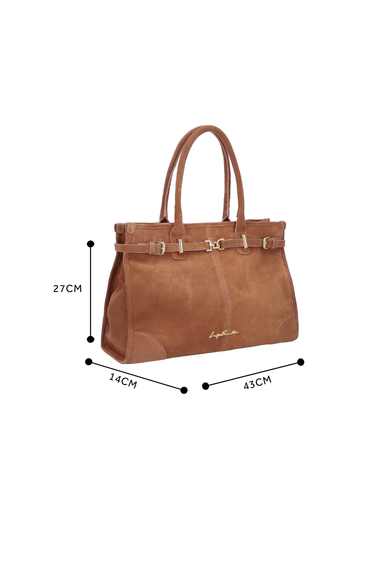 BOLSA COM ALÇAS ALONGADAS E FERRAGEM DOURADA EM CAMURÇA CARAMELO GRANDE