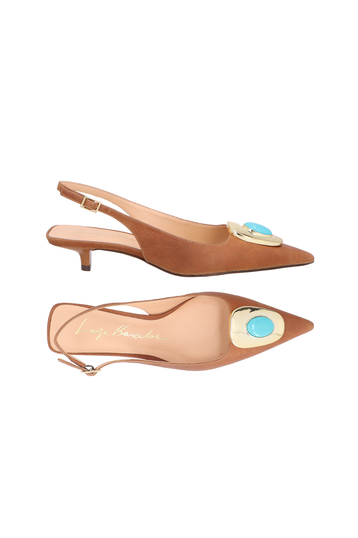 SCARPIN DE SALTO BAIXO SLINGBACK EM COURO CARAMELO COM APLICAÇÃO METÁLICA