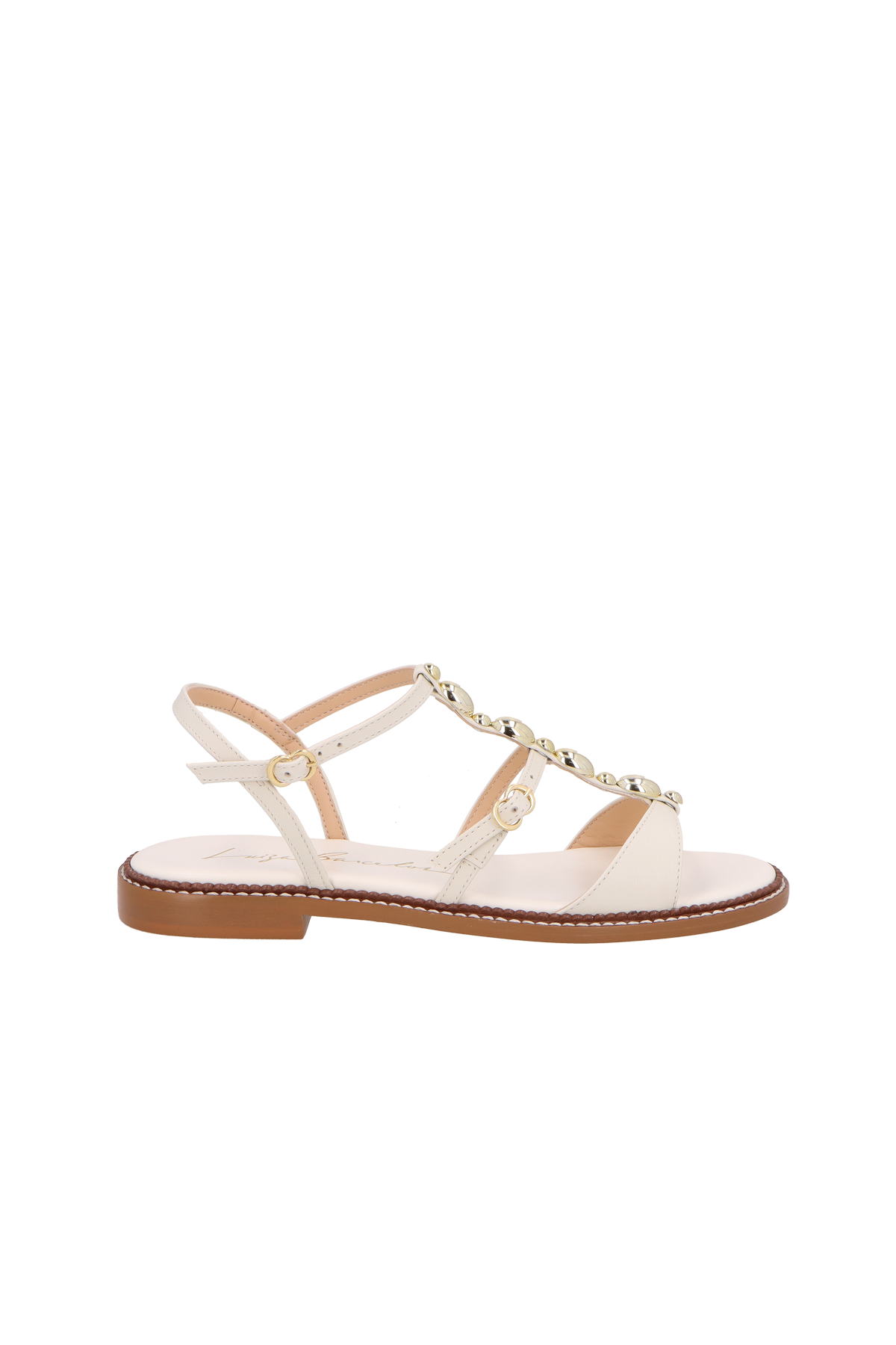 SANDÁLIA RASTEIRA EM COURO OFF WHITE COM ENFEITES OVAIS METÁLICOS