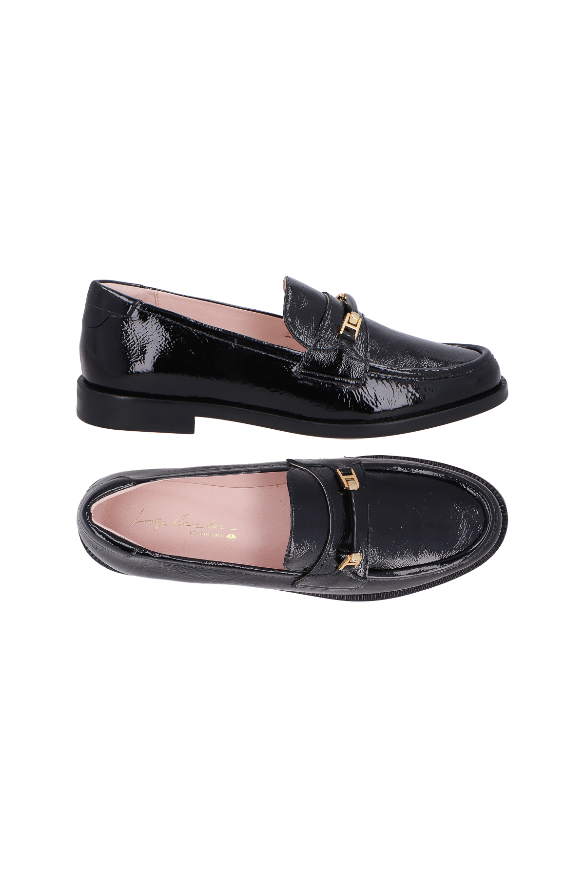 MOCASSIM EM VERNIZ PRETO COM BRIDÃO DOURADO