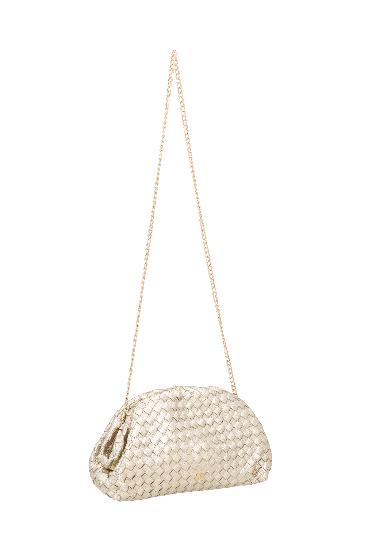 BOLSA TRANSVERSAL PEQUENA METALIZADA OURO MATELASSÊ E SÍMBOLO CALIANDRA