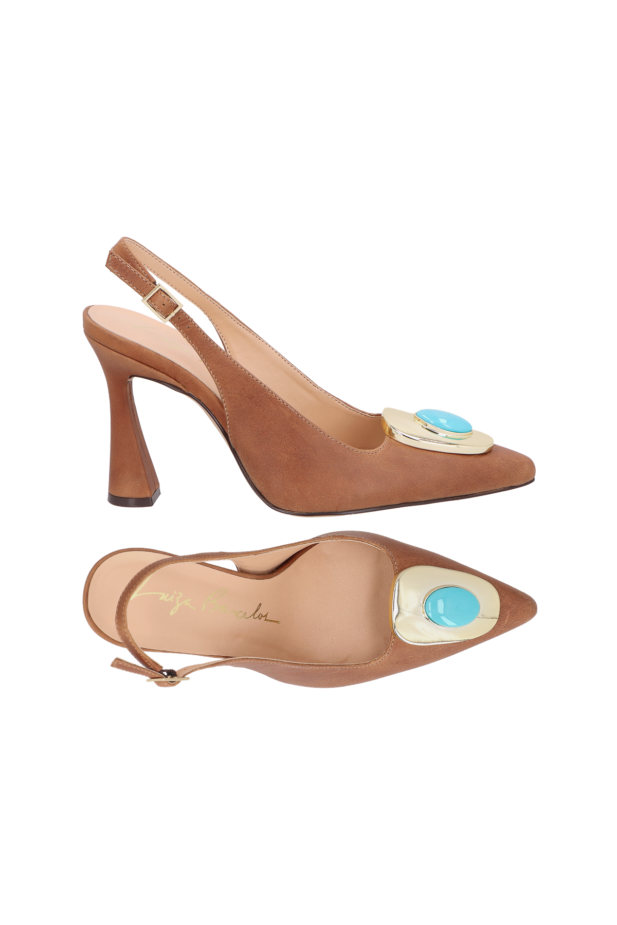 SCARPIN SLINGBACK EM COURO CARAMELO COM APLIQUE METÁLICO E SALTO FLARE