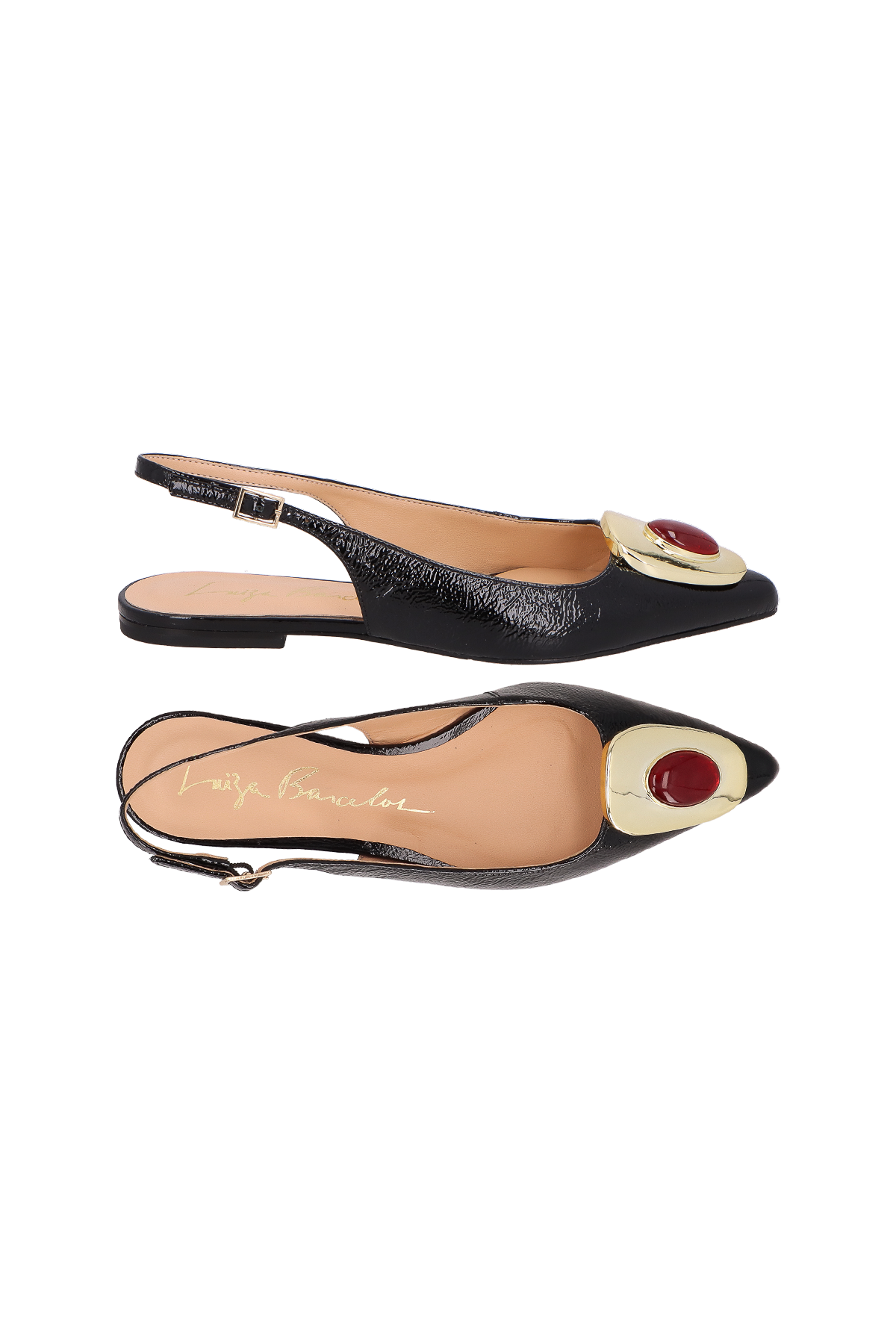 SAPATILHA SLINGBACK EM VERNIZ PRETO COM PEDRA E FIVELA DOURADA