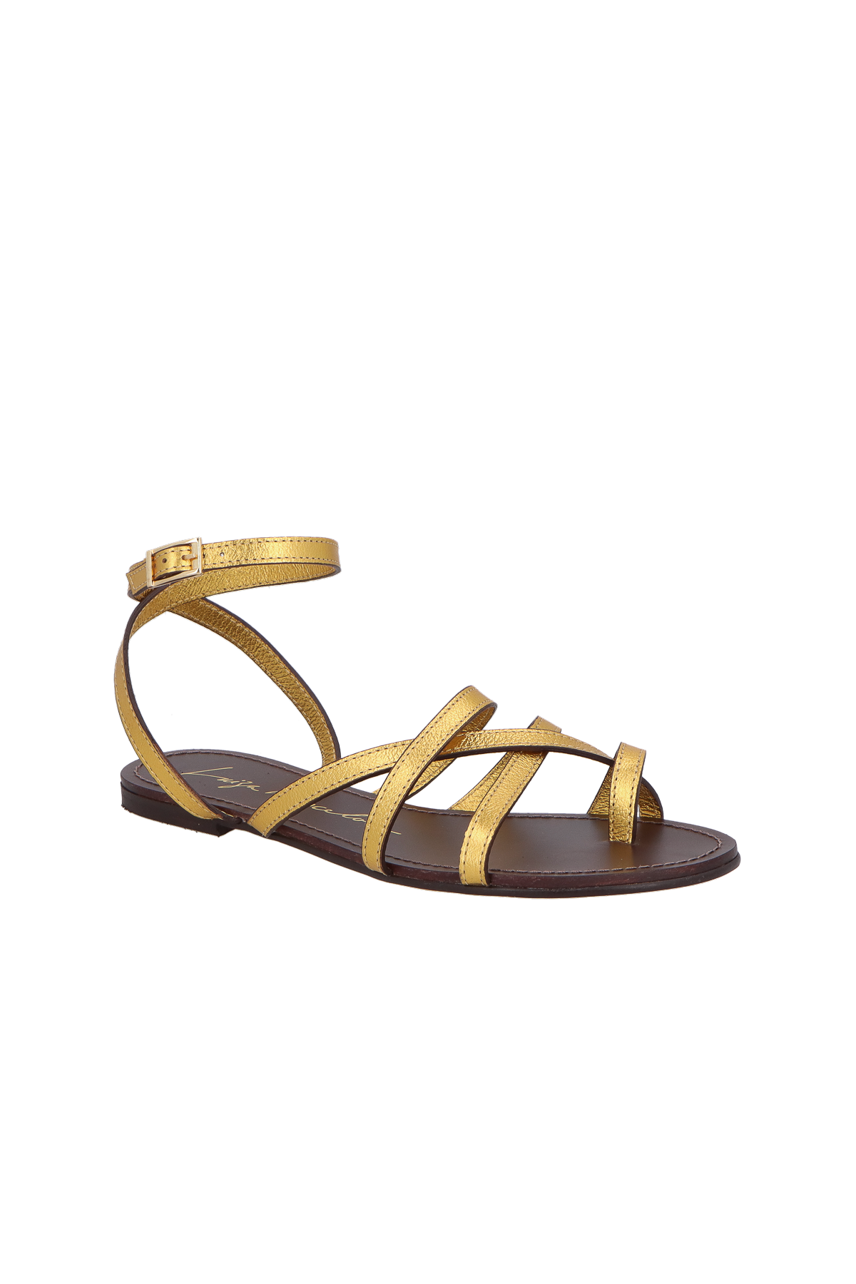 SANDÁLIA RASTEIRA EM COURO METALIZADO DOURADO