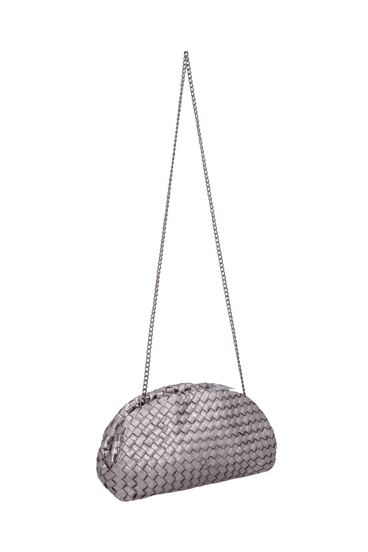 BOLSA TRANSVERSAL PEQUENA METALIZADA TITÂNIO MATELASSÊ E SÍMBOLO CALIANDRA