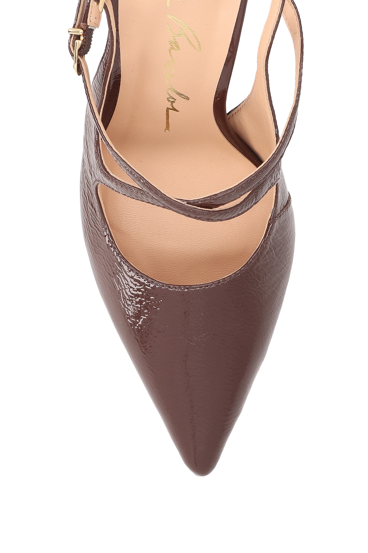 SCARPIN SLINGBACK EM VERNIZ CAFÉ COM SALTO FINO