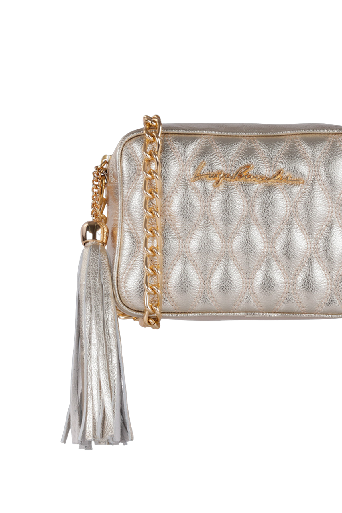 BOLSA CLÁSSICA EM COURO DOURADO E ALÇA DE CORRENTES PEQUENA