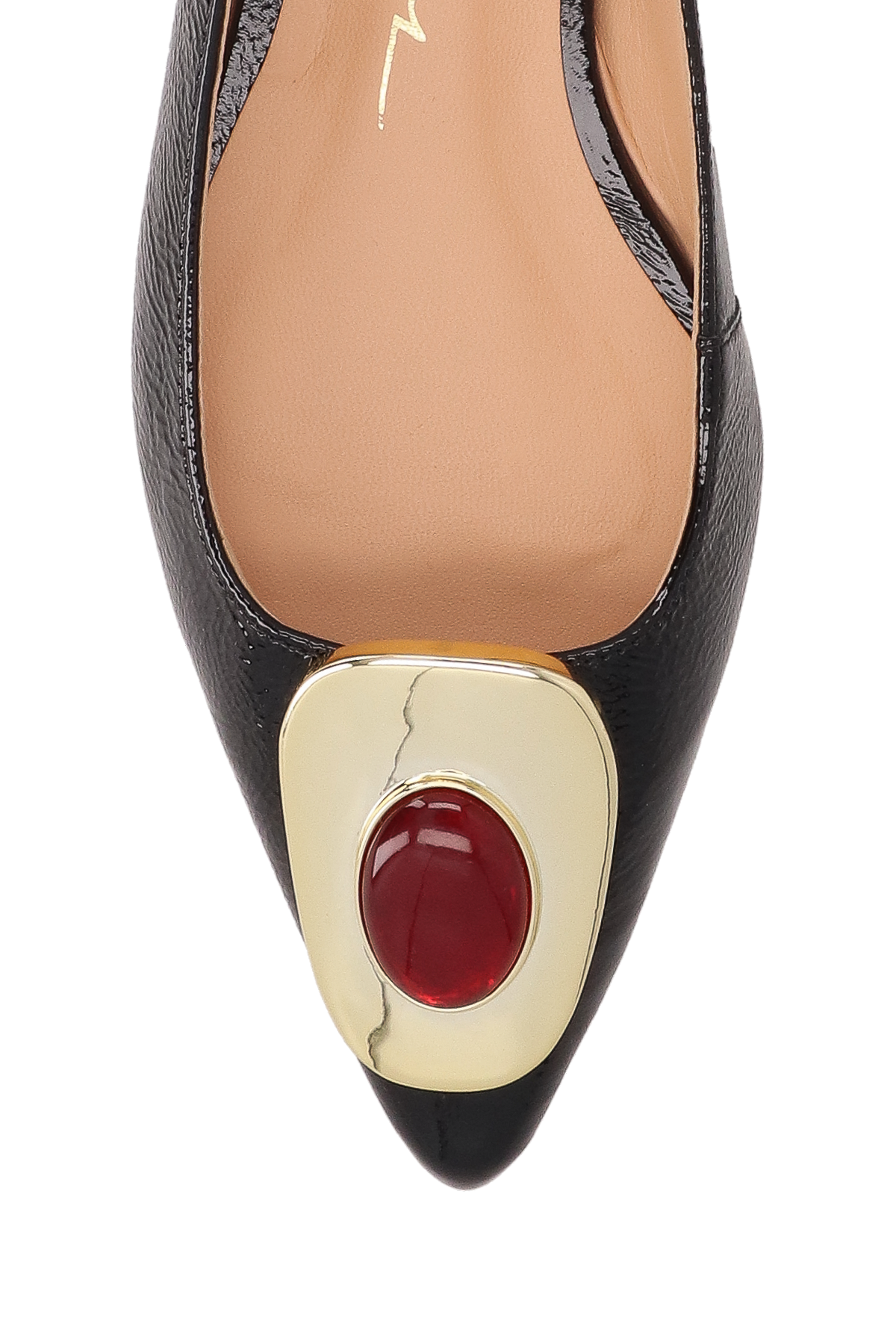 SAPATILHA SLINGBACK EM VERNIZ PRETO COM PEDRA E FIVELA DOURADA