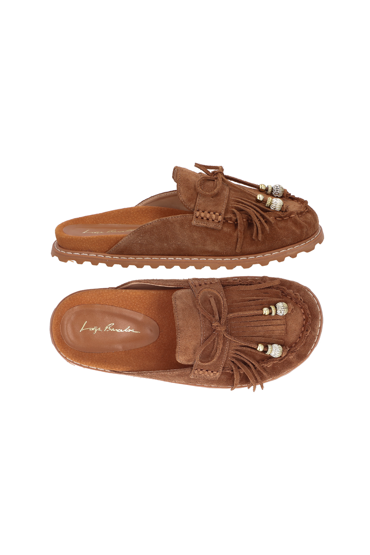 MULE MOCASSIM EM CAMURÇA CARAMELO COM FRANJAS E METAL DOURADO