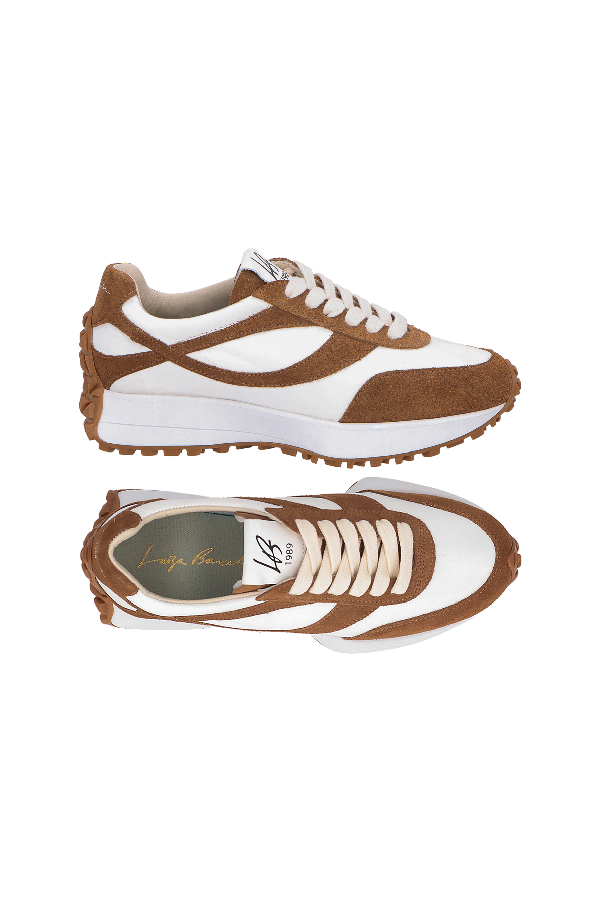 TÊNIS EM EM CAMURÇA BOURBON E OFF WHITE COM SOLADO TRATORADO ESPORTIVO