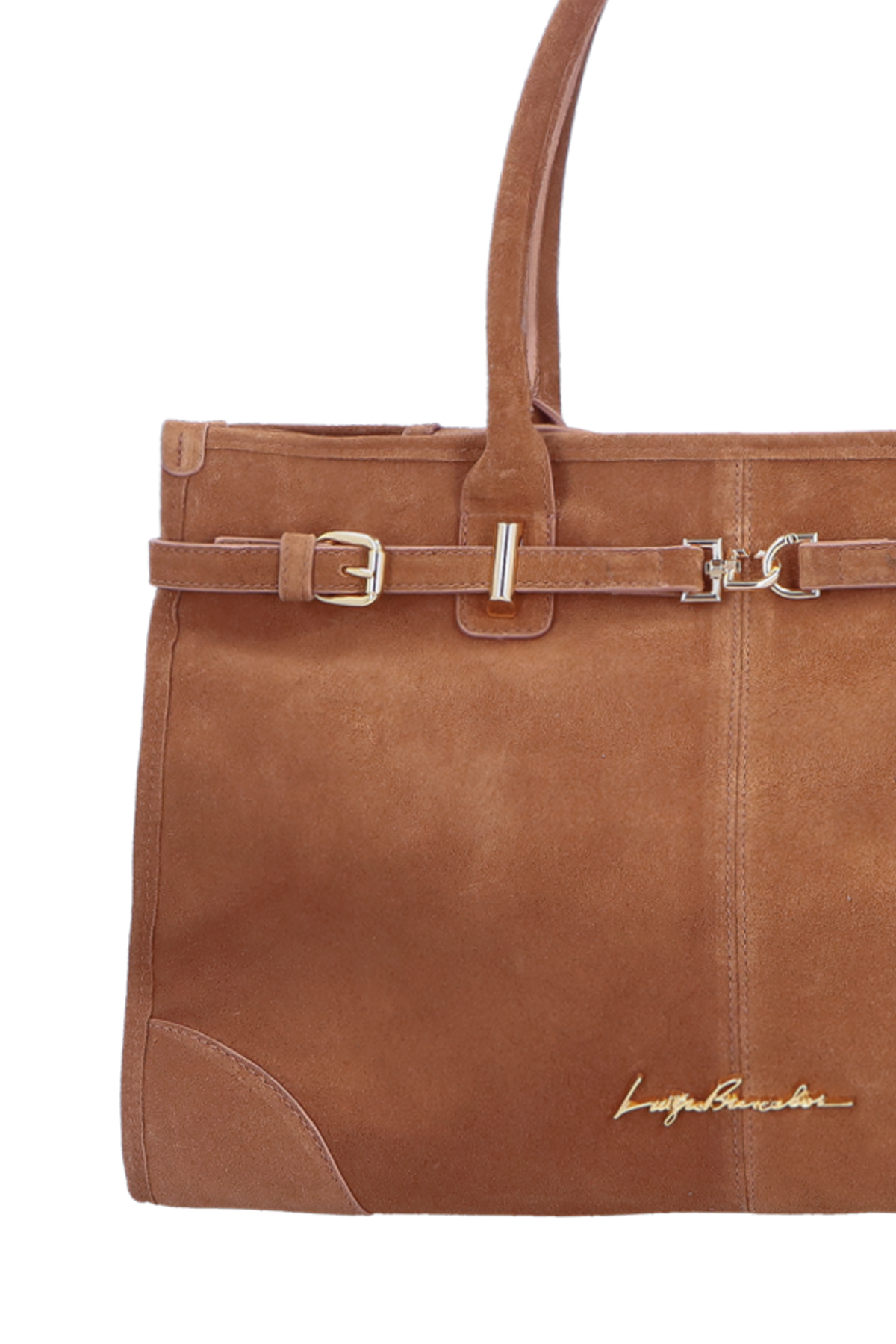 BOLSA COM ALÇAS ALONGADAS E FERRAGEM DOURADA EM CAMURÇA CARAMELO GRANDE