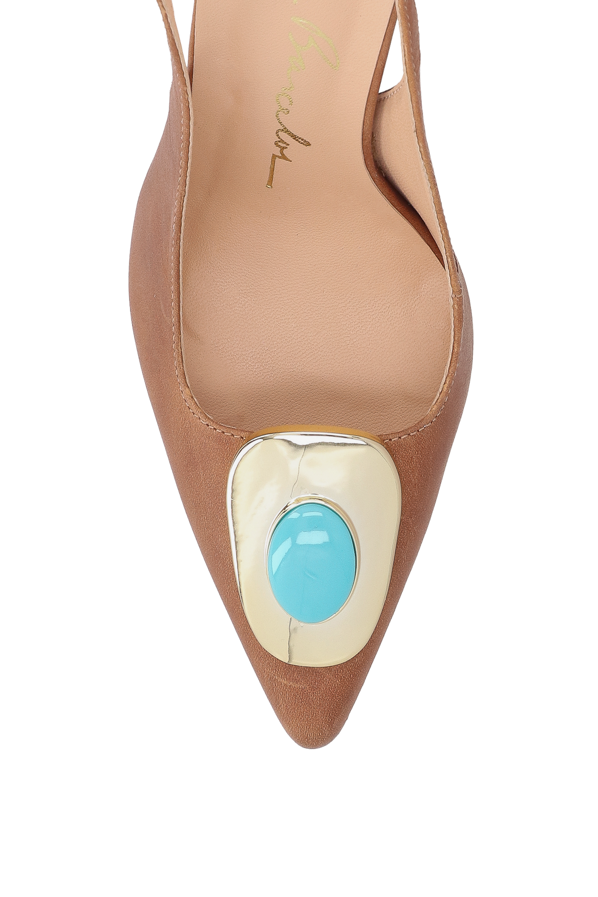 SCARPIN SLINGBACK EM COURO CARAMELO COM APLIQUE METÁLICO E SALTO FLARE