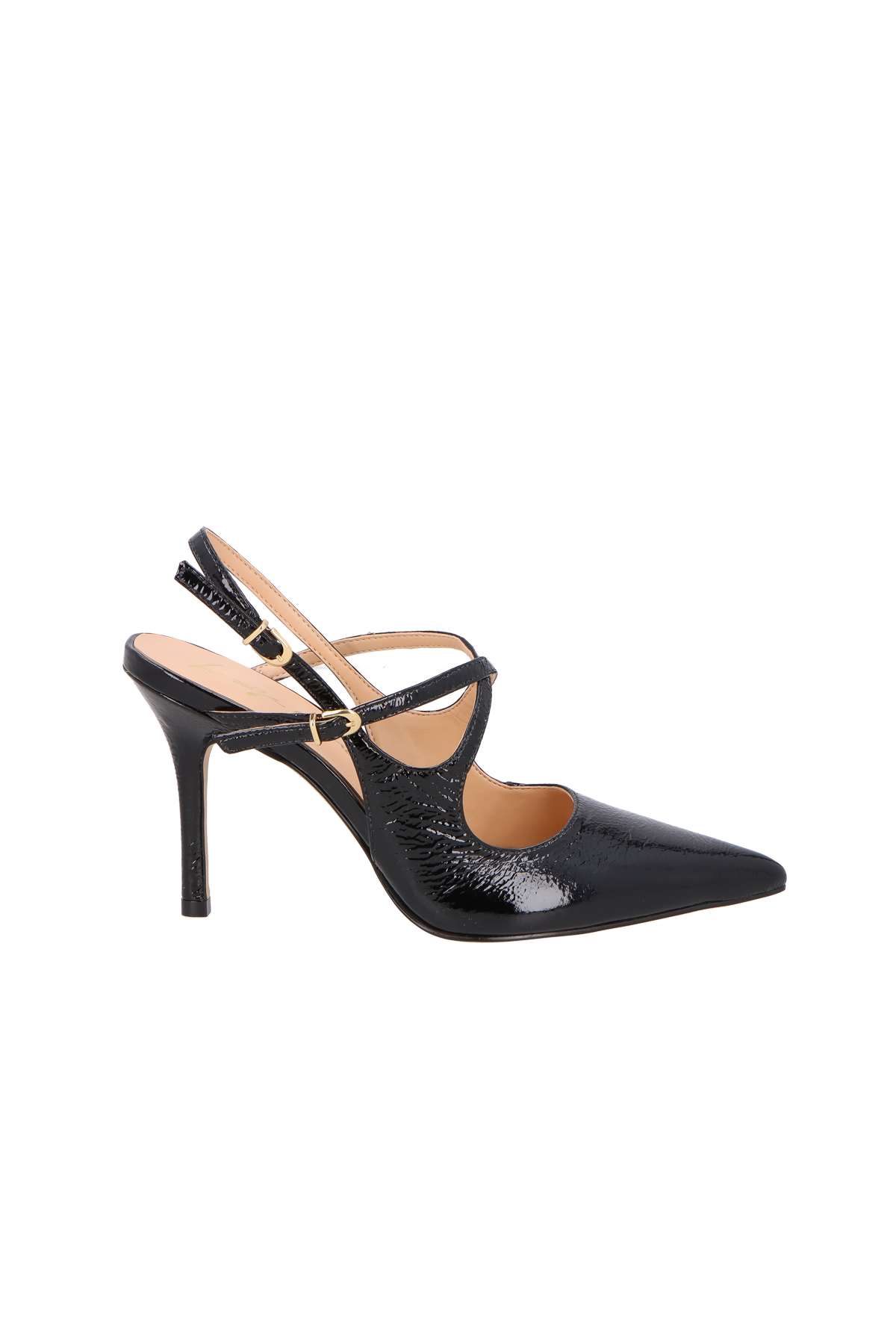 SCARPIN SLINGBACK EM VERNIZ PRETO COM SALTO FINO