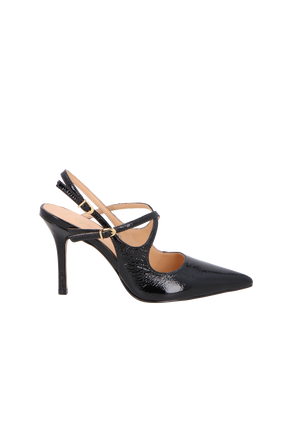 SCARPIN SLINGBACK EM VERNIZ PRETO COM SALTO FINO