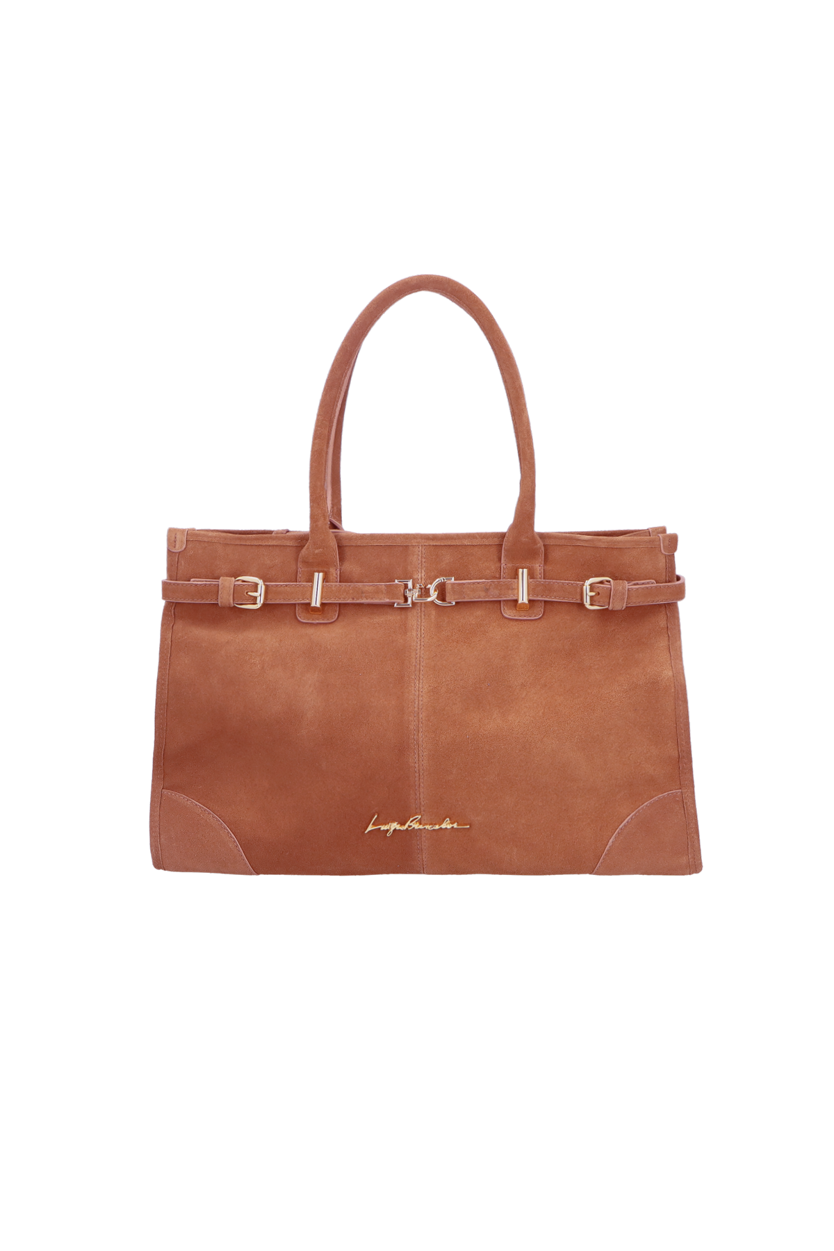 BOLSA COM ALÇAS ALONGADAS E FERRAGEM DOURADA EM CAMURÇA CARAMELO GRANDE
