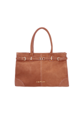 BOLSA COM ALÇAS ALONGADAS E FERRAGEM DOURADA EM CAMURÇA CARAMELO GRANDE
