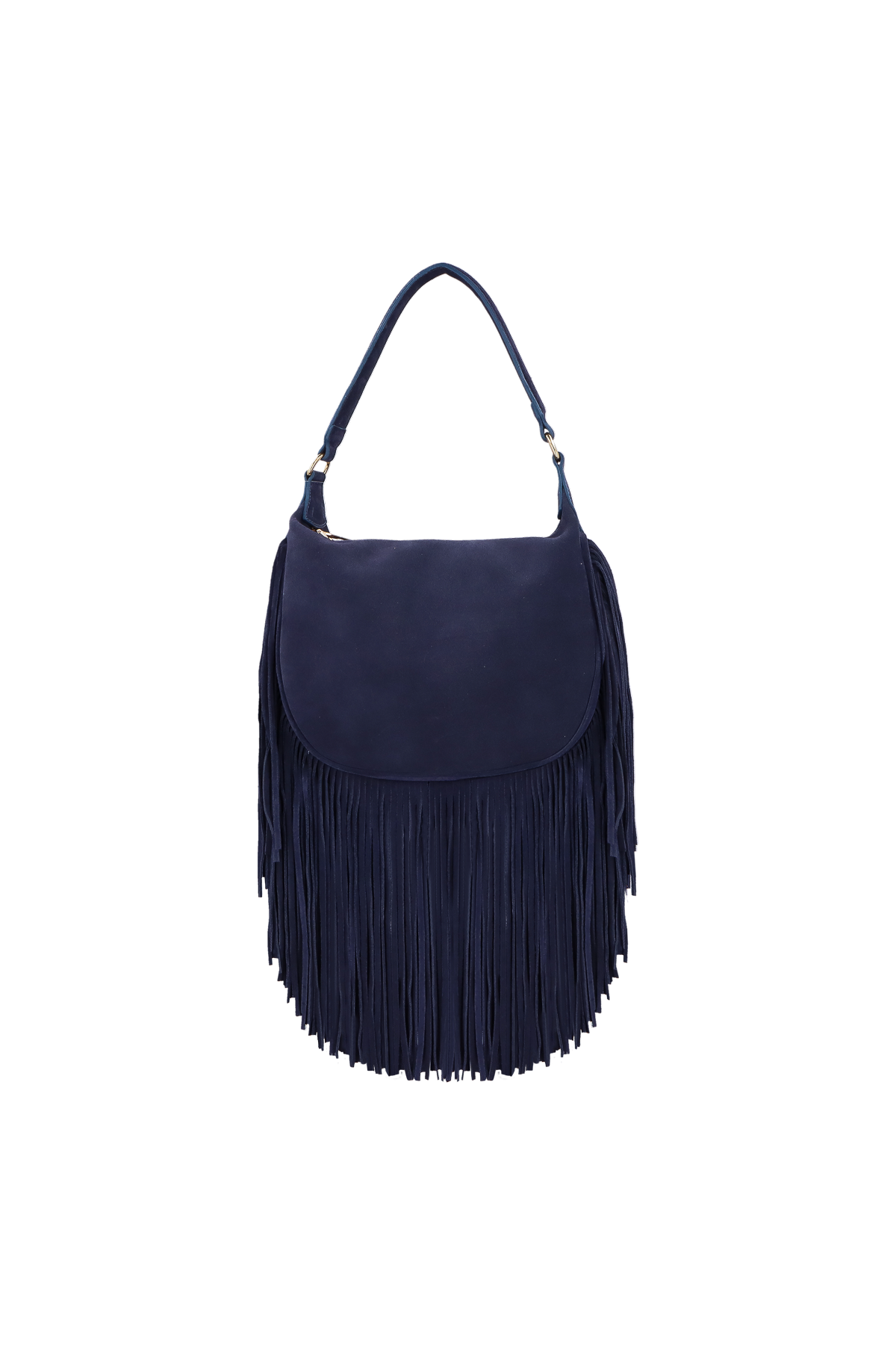 BOLSA MÉDIA EM CAMURÇA AZUL NAVAL COM FRANJAS