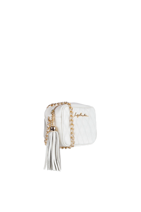 BOLSA CLÁSSICA EM COURO OFF WHITE E ALÇA DE CORRENTES PEQUENA
