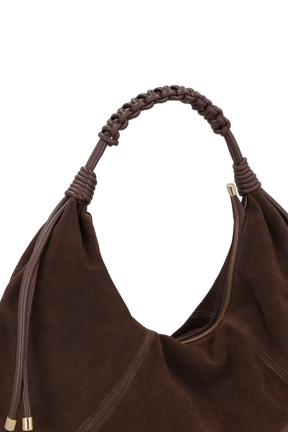 BOLSA EM CAMURÇA CAFÉ COM ENFEITE METÁLICO GRANDE