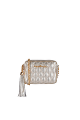 BOLSA CLÁSSICA EM COURO DOURADO E ALÇA DE CORRENTES PEQUENA