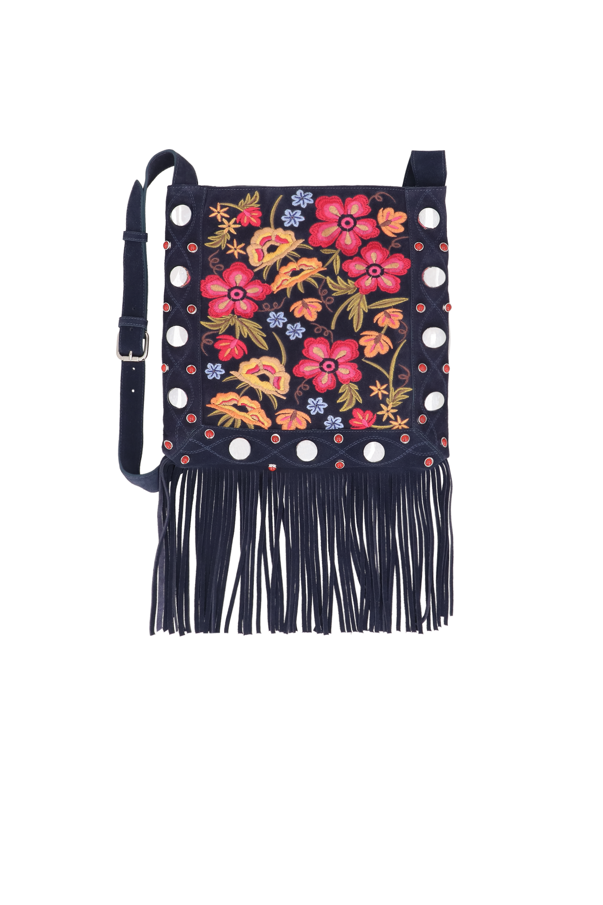 BOLSA CROSSBODY BORDADA EM CAMURÇA AZUL NAVAL DE FRANJAS MÉDIA