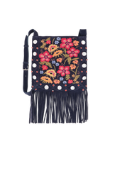 BOLSA CROSSBODY BORDADA EM CAMURÇA AZUL NAVAL DE FRANJAS MÉDIA