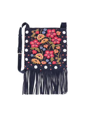 BOLSA CROSSBODY BORDADA EM CAMURÇA AZUL NAVAL DE FRANJAS MÉDIA