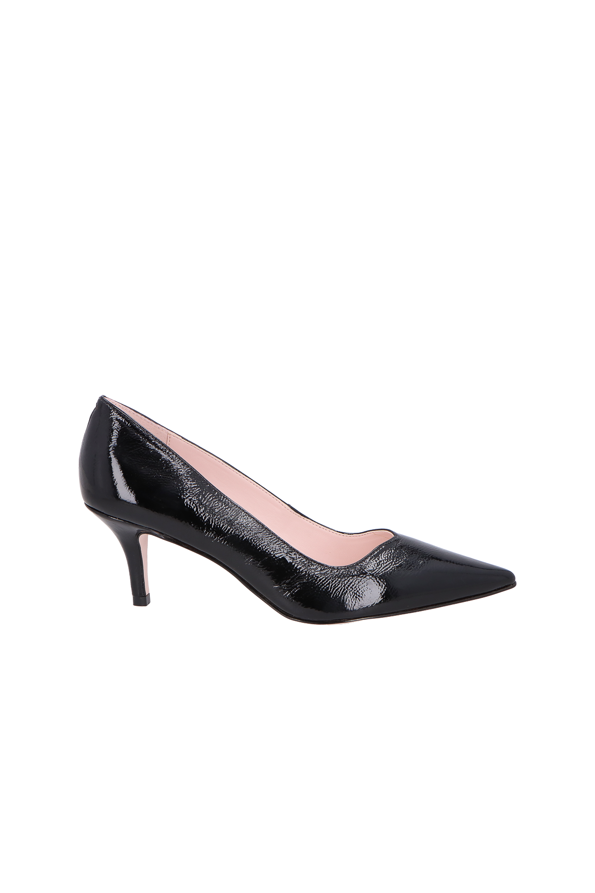 SCARPIN EM VERNIZ PRETO DE SALTO FINO MÉDIO E BICO FINO