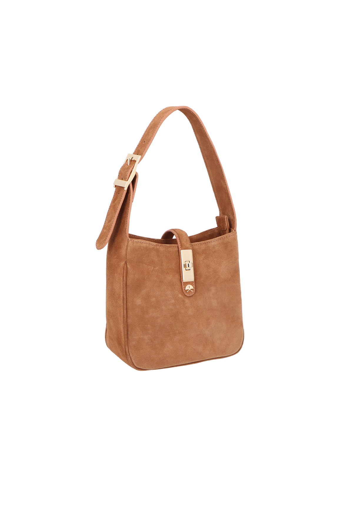 BOLSA PEQUENA EM  CAMURÇA CARAMELO COM FECHO DOURADO E ALÇA REGULÁVEL