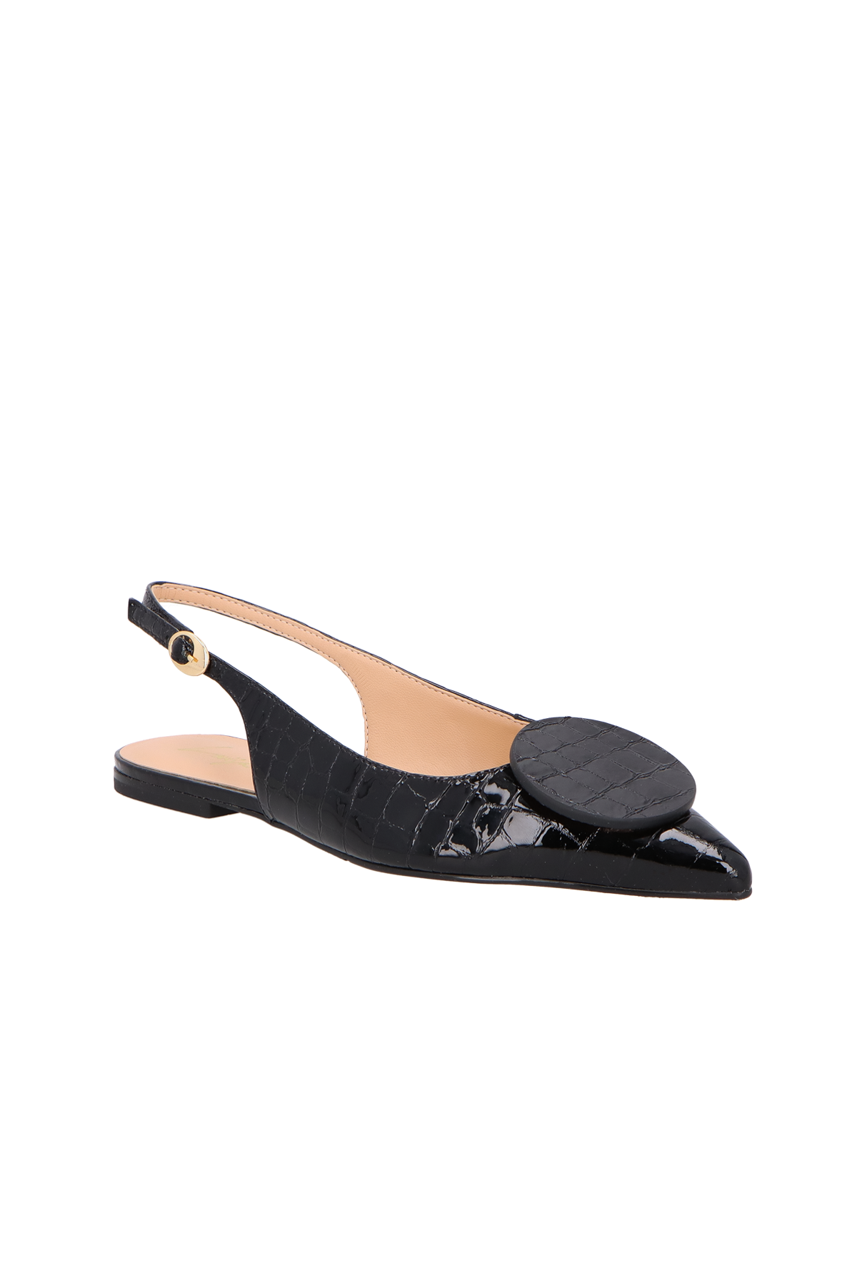 SAPATILHA SLINGBACK FLAT EM COURO CROCO VERNIZ PRETO COM APLICAÇÃO CIRCULAR