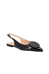 SAPATILHA SLINGBACK FLAT EM COURO CROCO VERNIZ PRETO COM APLICAÇÃO CIRCULAR