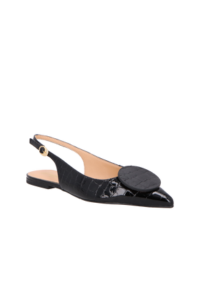 SAPATILHA SLINGBACK FLAT EM COURO CROCO VERNIZ PRETO COM APLICAÇÃO CIRCULAR