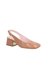 SCARPIN SLINGBACK DE SALTO BLOCO MÉDIO EM VERNIZ BEGE BLUSH