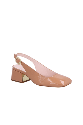 SCARPIN SLINGBACK DE SALTO BLOCO MÉDIO EM VERNIZ BEGE BLUSH