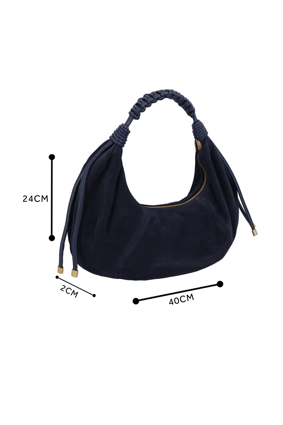 BOLSA EM CAMURÇA AZUL NAVAL COM ENFEITE METÁLICO MÉDIA