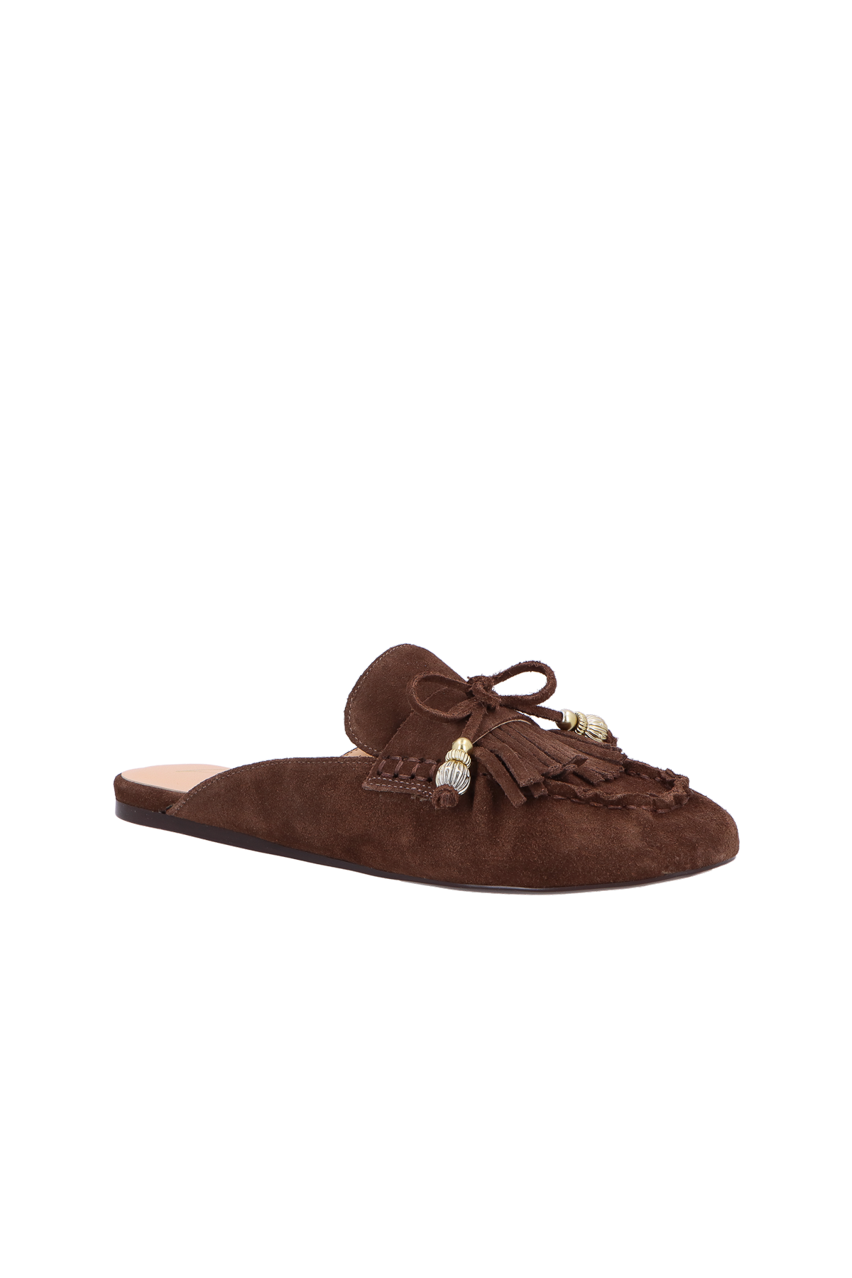 MULE PENNY LOAFER EM CAMURÇA CAFÉ COM PINGENTES