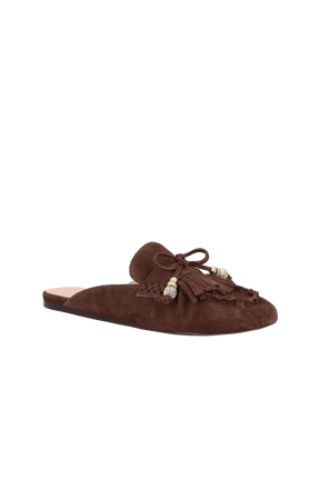 MULE PENNY LOAFER EM CAMURÇA CAFÉ COM PINGENTES