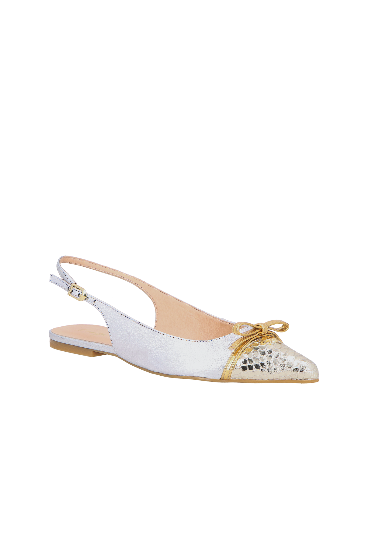 SAPATILHA SLINGBACK METALIZADO PRATA COM BICO OURO