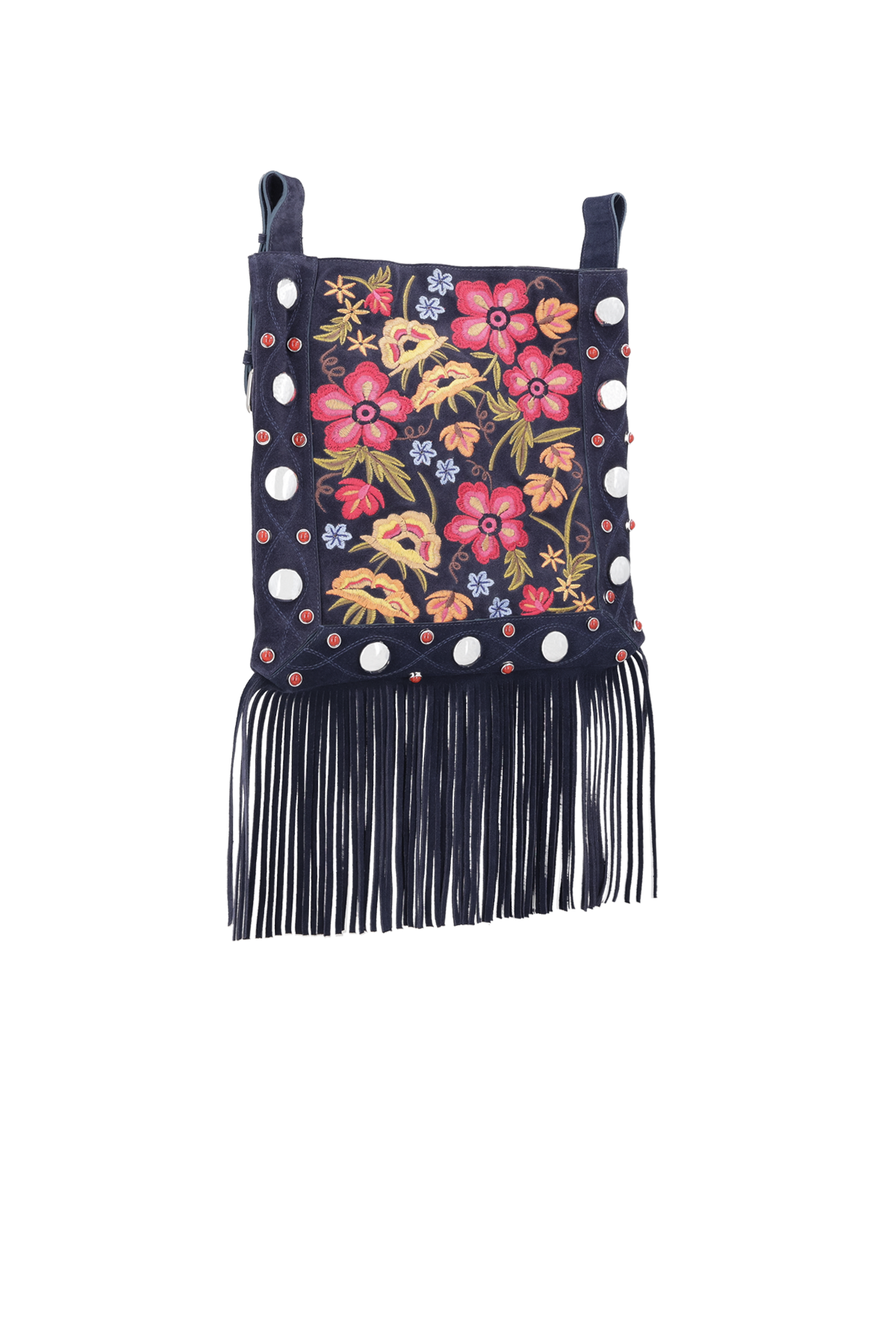 BOLSA CROSSBODY BORDADA EM CAMURÇA AZUL NAVAL DE FRANJAS MÉDIA