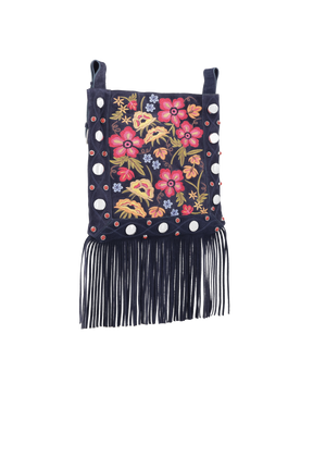 BOLSA CROSSBODY BORDADA EM CAMURÇA AZUL NAVAL DE FRANJAS MÉDIA