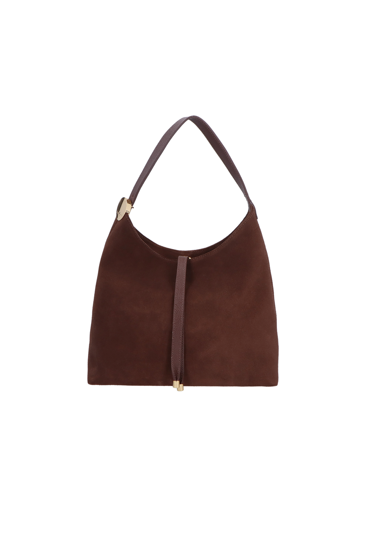 BOLSA TOTE PEQUENA EM CAMURÇA CAFÉ COM PLACA DECORATIVA