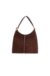 BOLSA TOTE PEQUENA EM CAMURÇA CAFÉ COM PLACA DECORATIVA