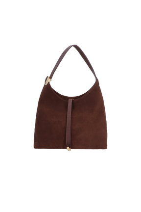 BOLSA TOTE PEQUENA EM CAMURÇA CAFÉ COM PLACA DECORATIVA
