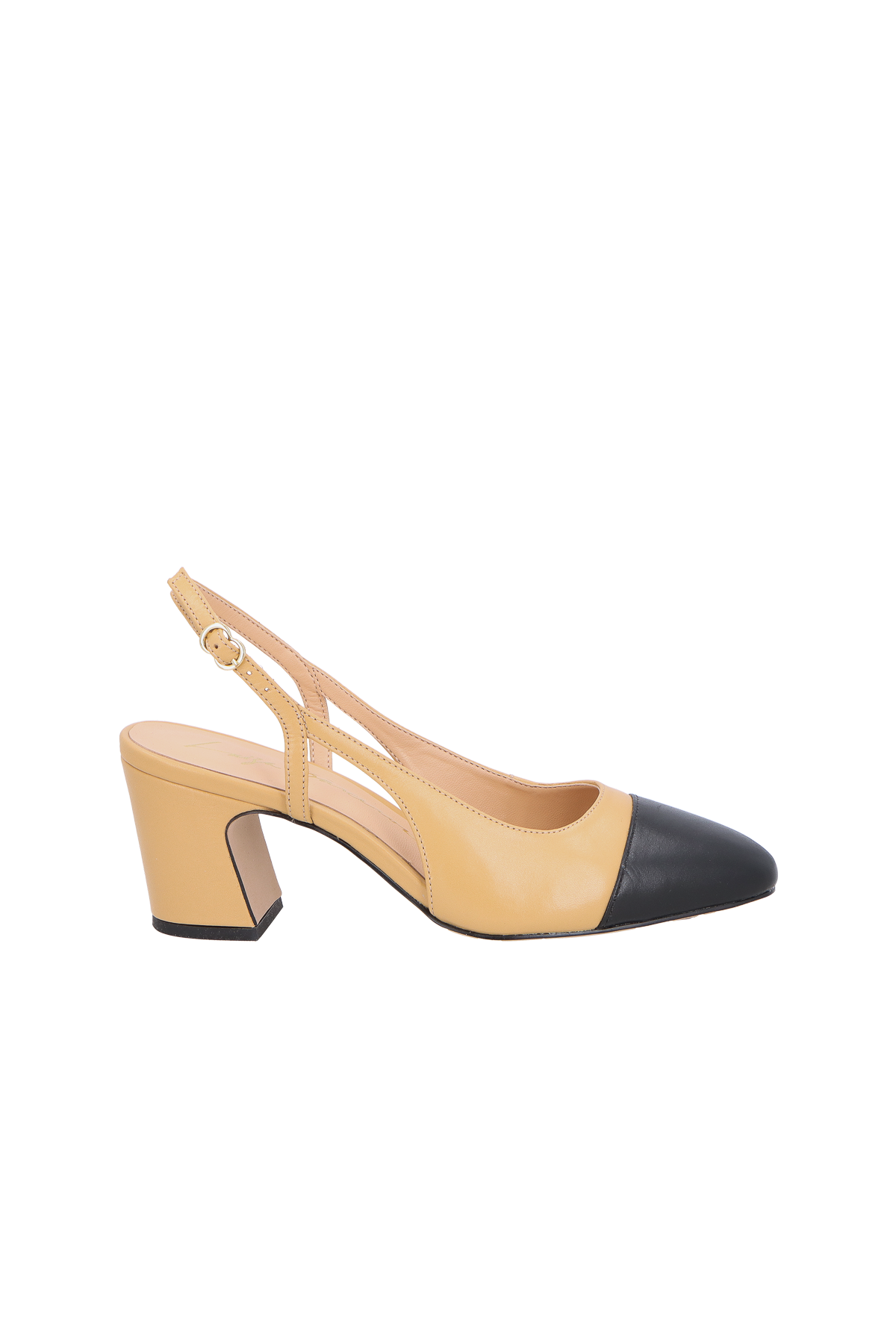 SAPATO SLINGBACK EM COURO AREIA COM BICO PRETO E SALTO MÉDIO BLOCO