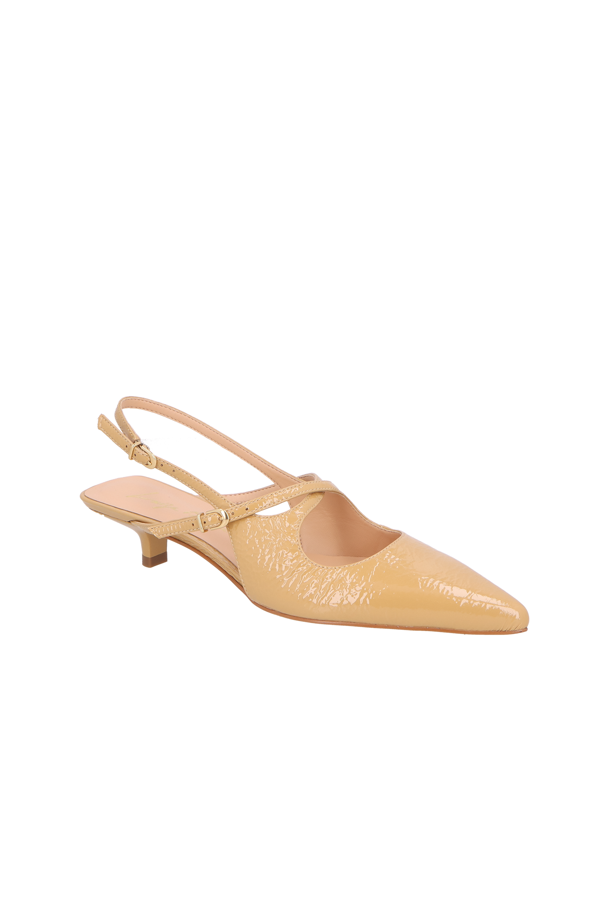 SCARPIN SLINGBACK EM VERNIZ AREIA COM SALTO BAIXO E TIRA CENTRAL