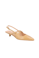 SCARPIN SLINGBACK EM VERNIZ AREIA COM SALTO BAIXO E TIRA CENTRAL