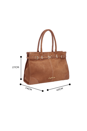 BOLSA COM ALÇAS ALONGADAS E FERRAGEM DOURADA EM CAMURÇA CARAMELO GRANDE