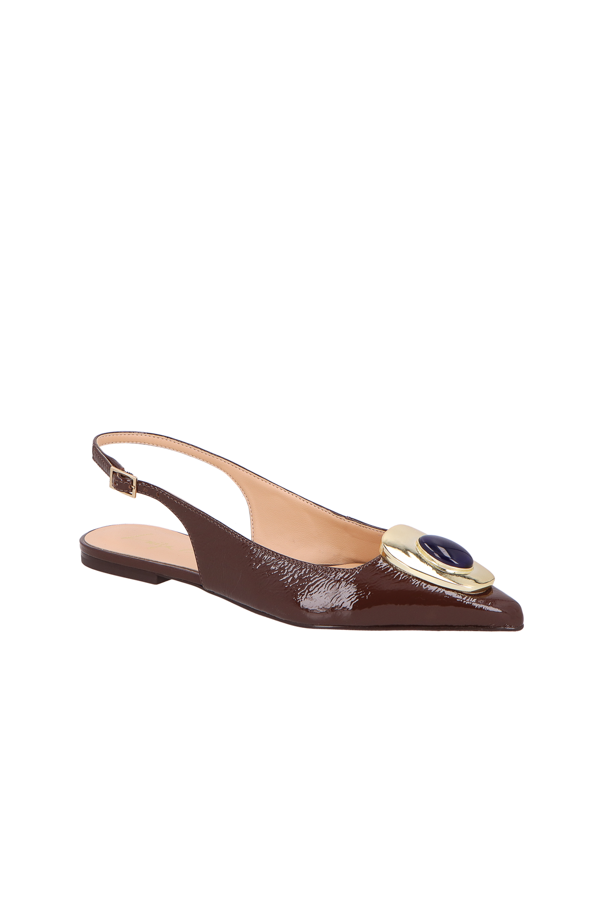 SAPATILHA SLINGBACK EM VERNIZ CAFÉ COM PEDRA E FIVELA DOURADA